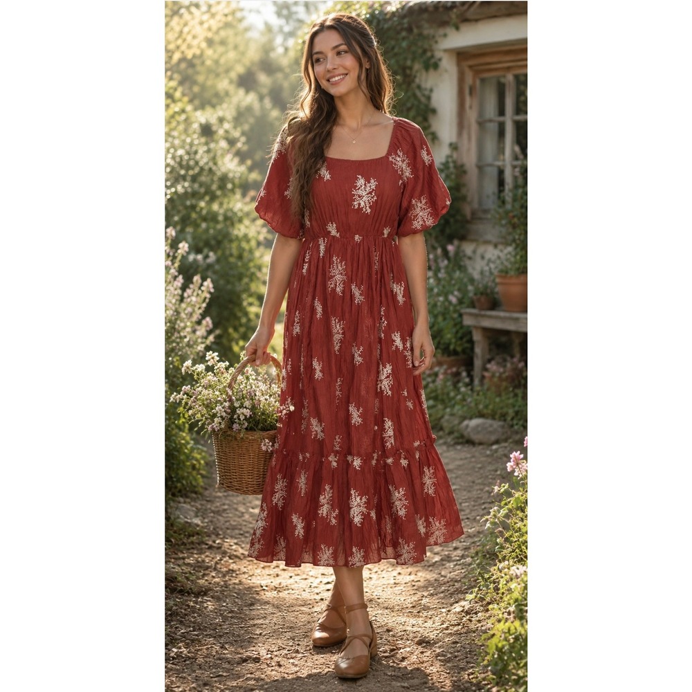ROOLEE Floral Embroidered Midi Dress Short Sleeve Raglan Prairie Bohemian Small